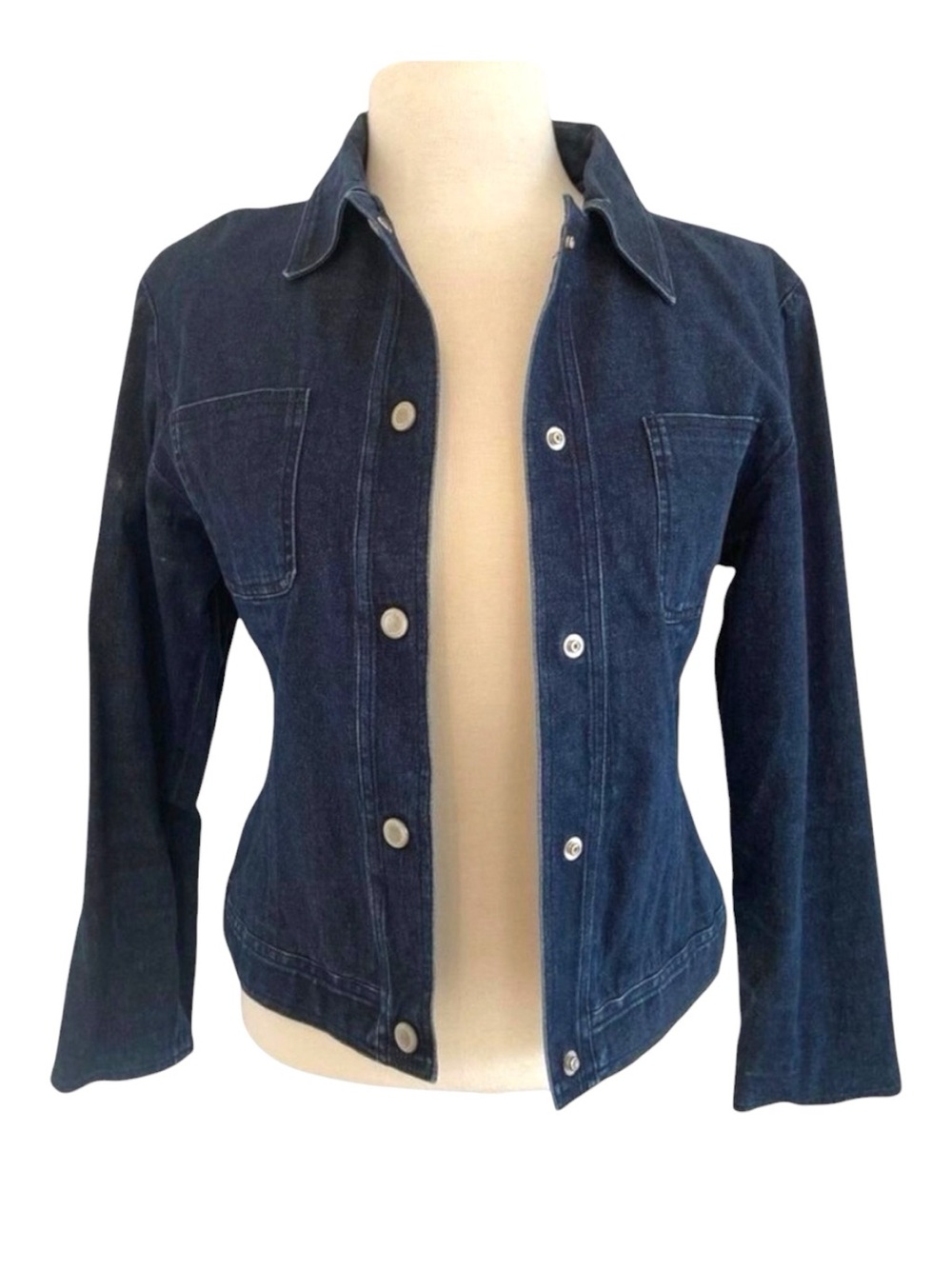 𝅺Vintage French laundry fitted denim jacket blazer size 8 blue stretchy denim